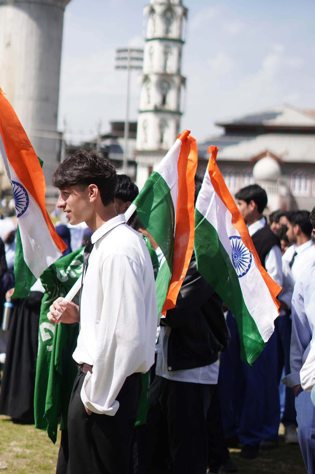 Students holding the national flag on Independence Day